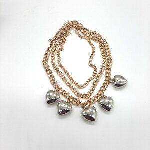 3 Chain Gold Silver Heart Charms Layered chunky Necklace adjustable choker